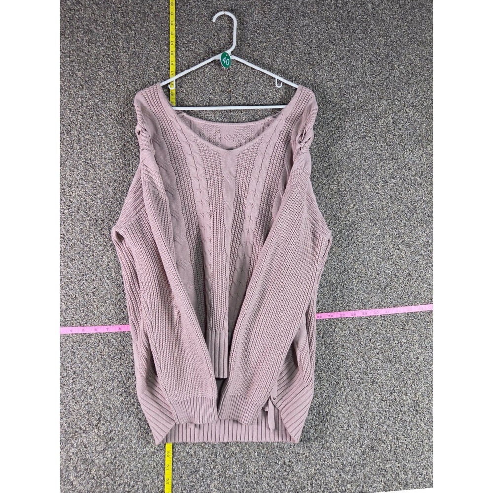 Unbranded Cable Knit Sweater Womens S Mauve Lace Up Shoulder V-Neck Cotton